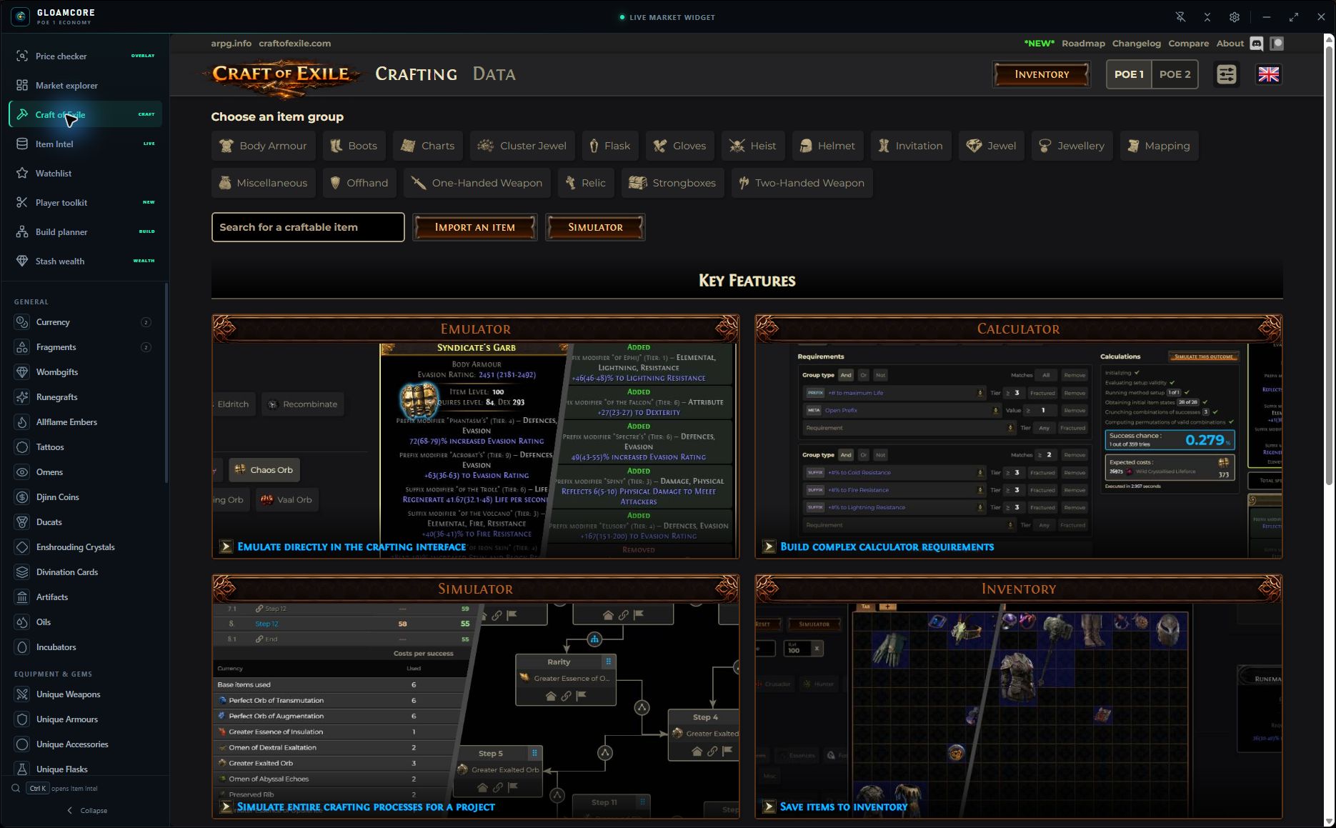 Craft of Exile running edge-to-edge inside the GloamCore desktop workspace
