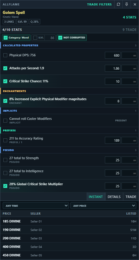 GloamCore compact price checker grouping calculated properties, enchantments, implicits, prefixes, and pseudo modifiers above live Trade price rows