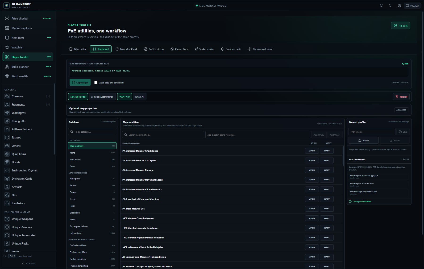 GloamCore source-tracked regex workbench